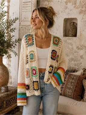 Boutique Crochet Cardigan Sweater Size Small Oversized Boho Granny Square Open